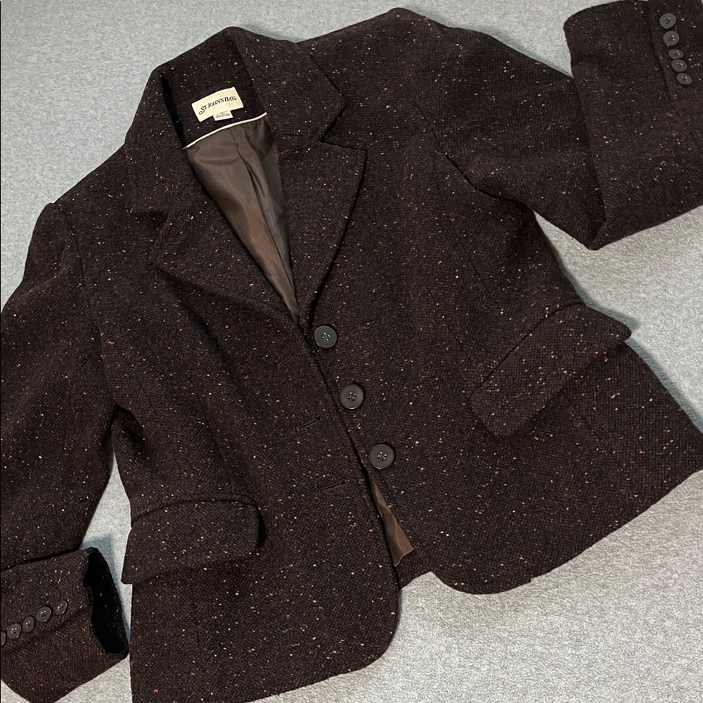 Womens Tweed Wool Blazer Jacket Medium Brown Office Career Old Money Preppy